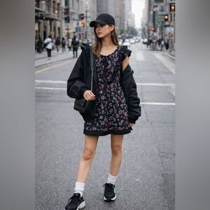 Oasis Floral Ruffle Mini Dress Black Romantic Cottagecore Sz 8 XXS